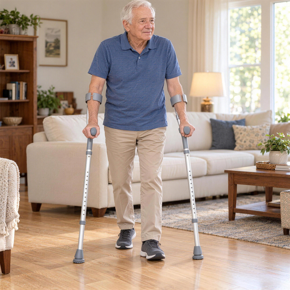 Older man walking through a living room using a pair of DeepTireh HY7636L forearm crutches