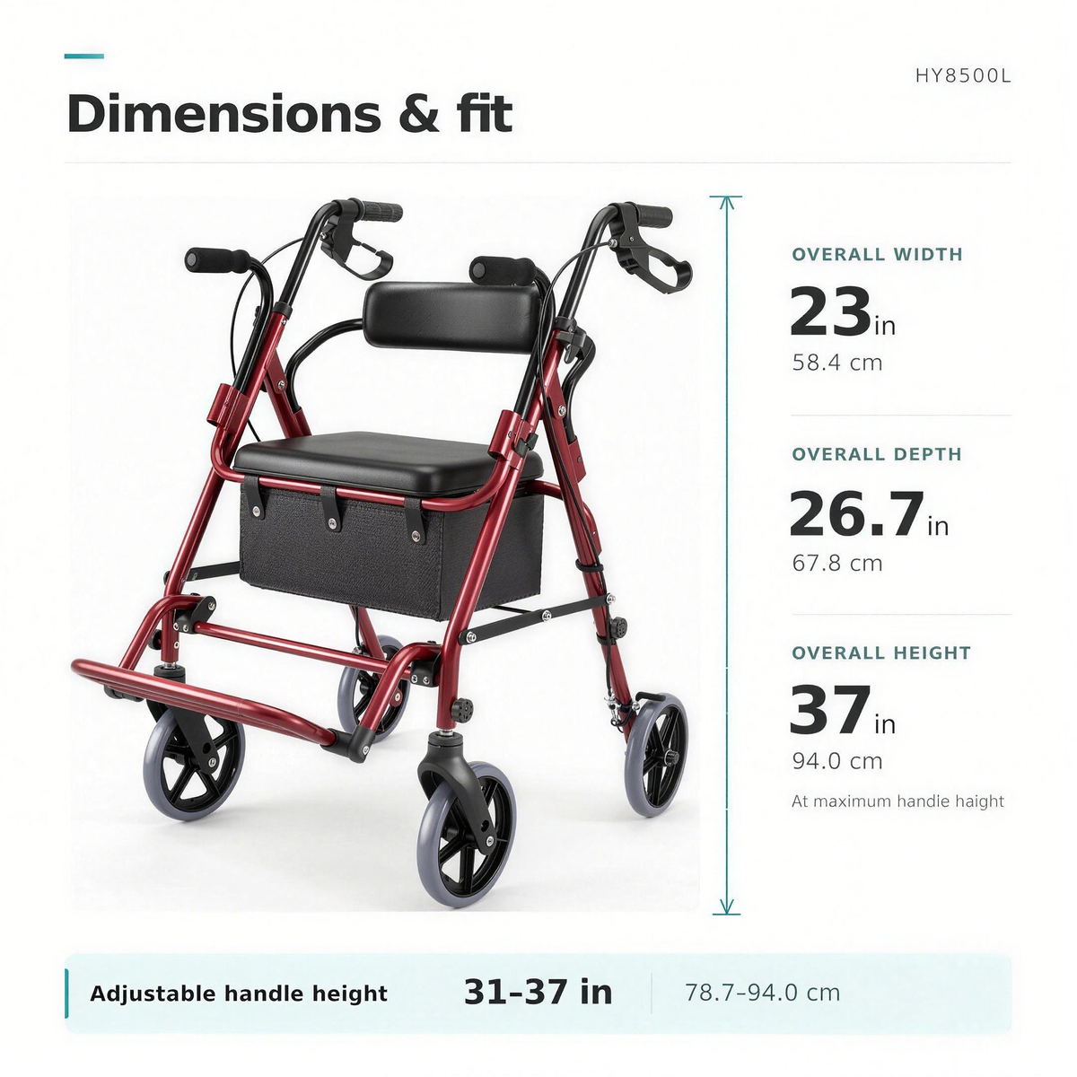 DeepTireh HY8500L dimensions showing a 23-inch width, 26.7-inch depth and adjustable handle height from 31 to 37 inches