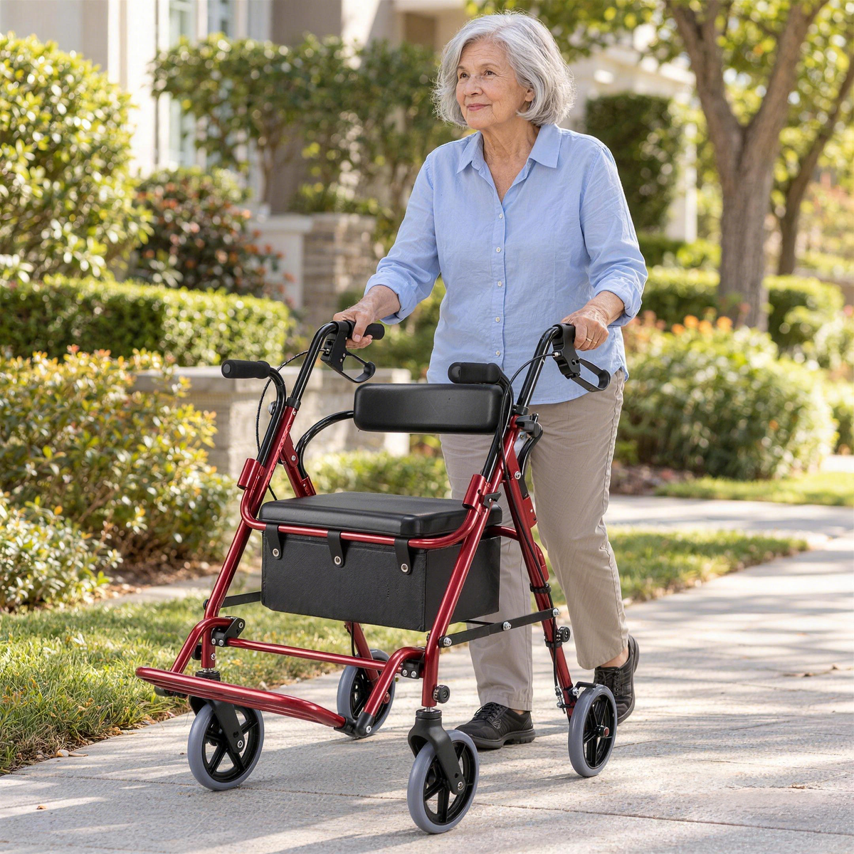 Older woman walking along a garden path with a red DeepTireh HY8500L rollator walker