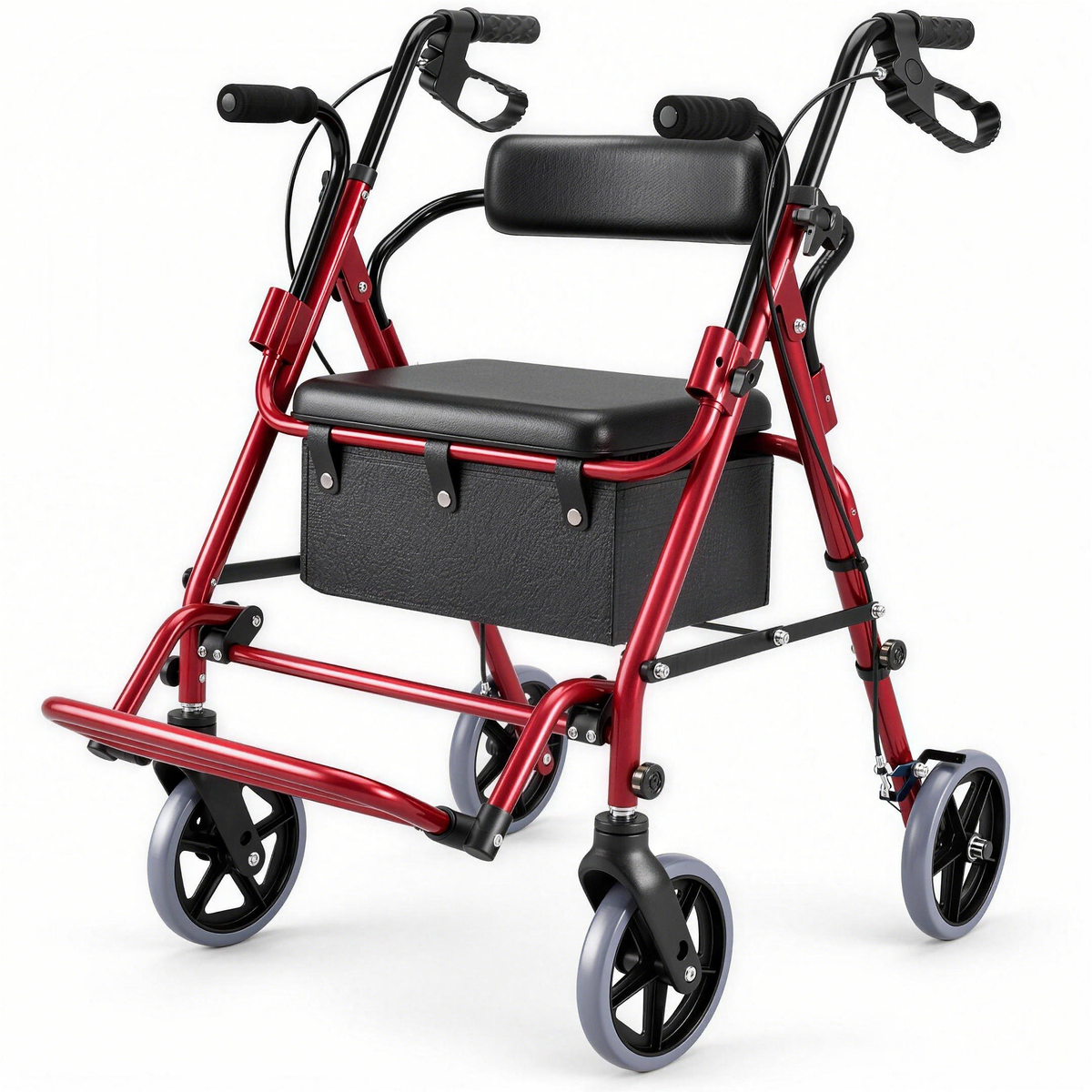 Red DeepTireh HY8500L rollator walker with a padded seat, backrest, under-seat storage bag and four wheels