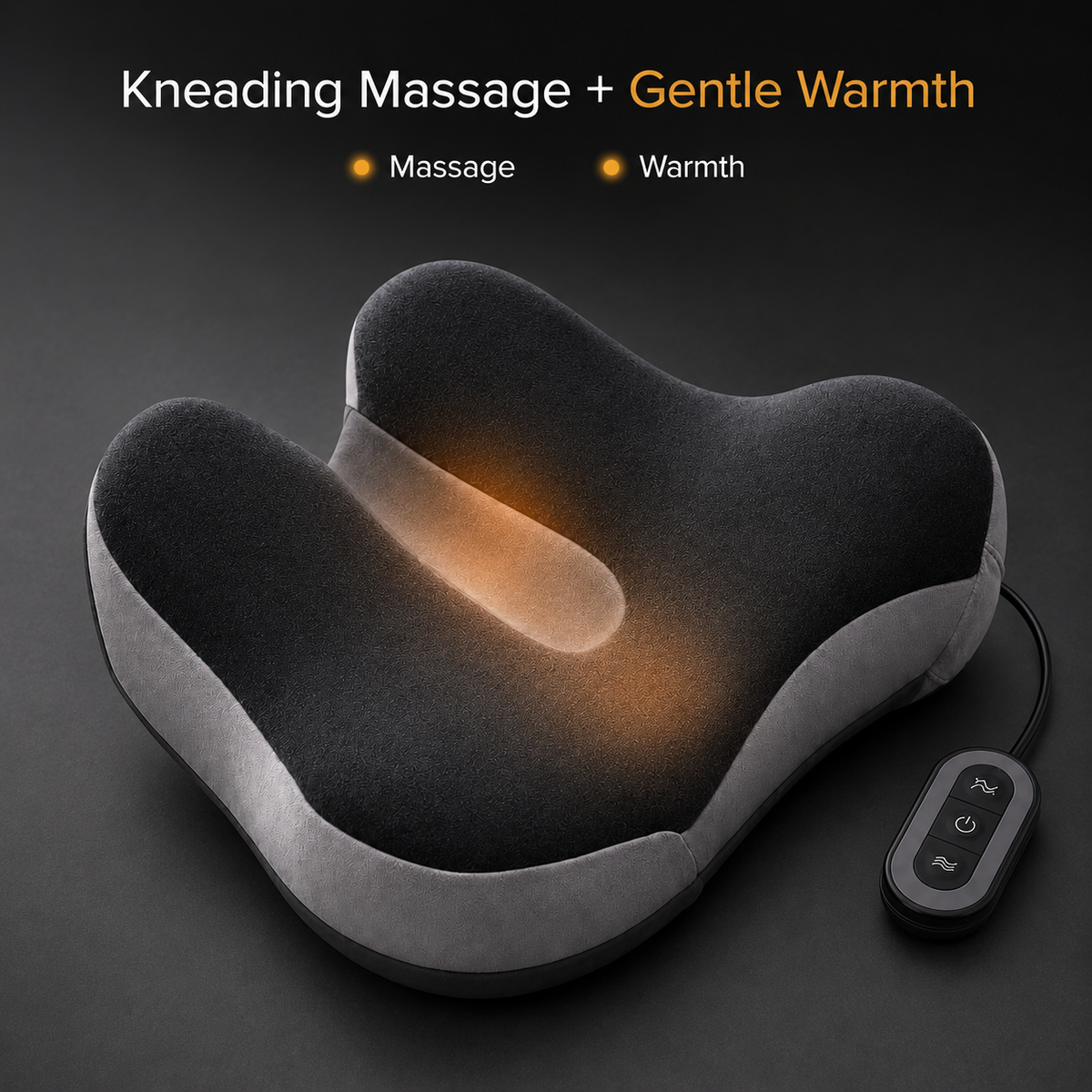 DeepTireh DT-A012 seat cushion graphic highlighting its massage and warming functions with the wired controller visible