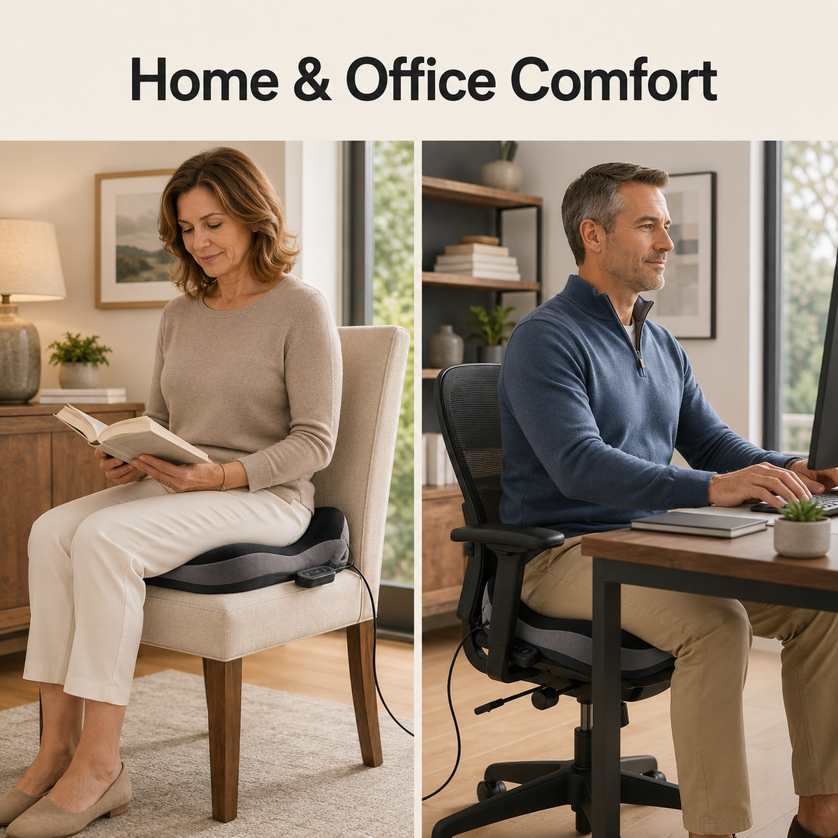 Split lifestyle view of a woman reading at home and a man working at a desk while seated on the DeepTireh DT-A012 seat cushion
