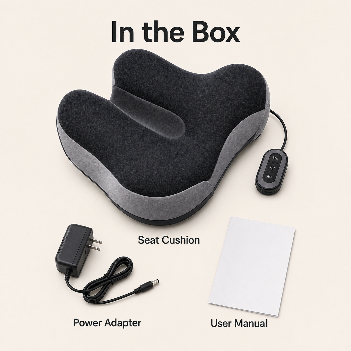 DeepTireh DT-A012 package contents shown with the seat cushion, power adapter, and user manual