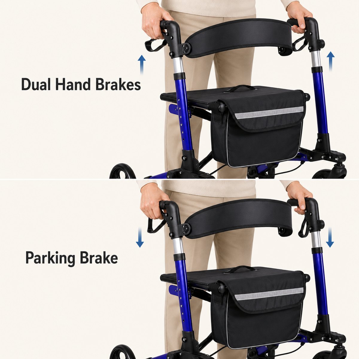 DeepTireh DT-M004 rollator showing dual hand brakes and parking brake operation