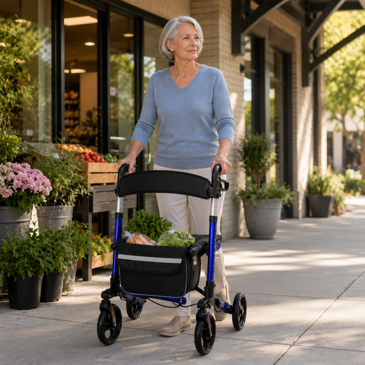 Older woman using the DeepTireh DT-M004 rollator walker while shopping outdoors