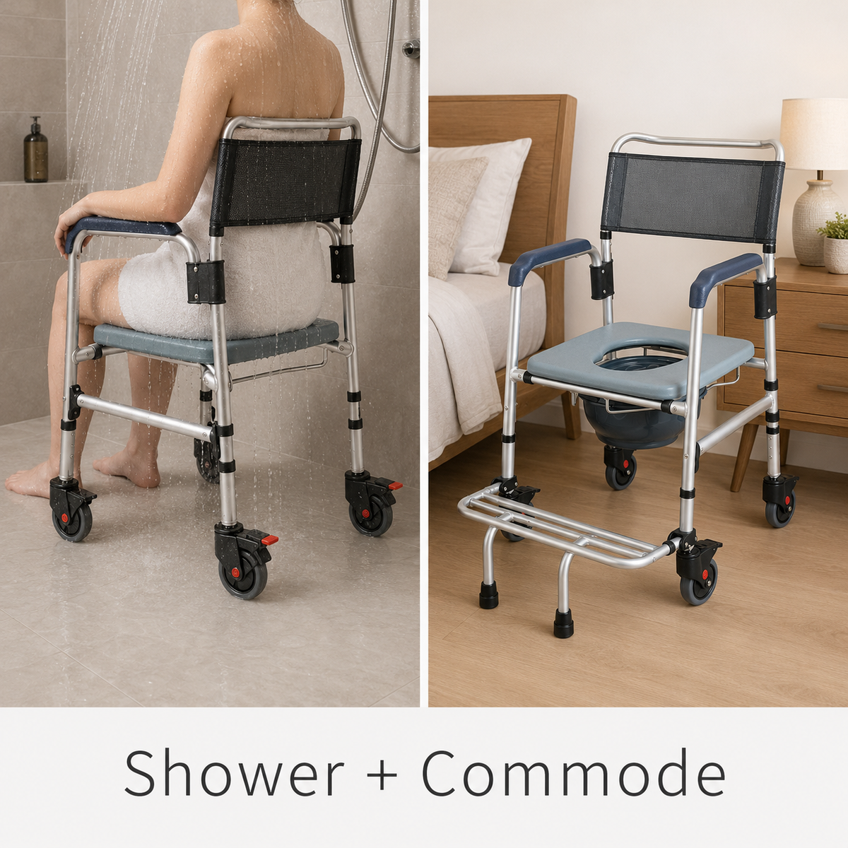 DeepTireh DT-B001 shown for shower seating and bedside commode use