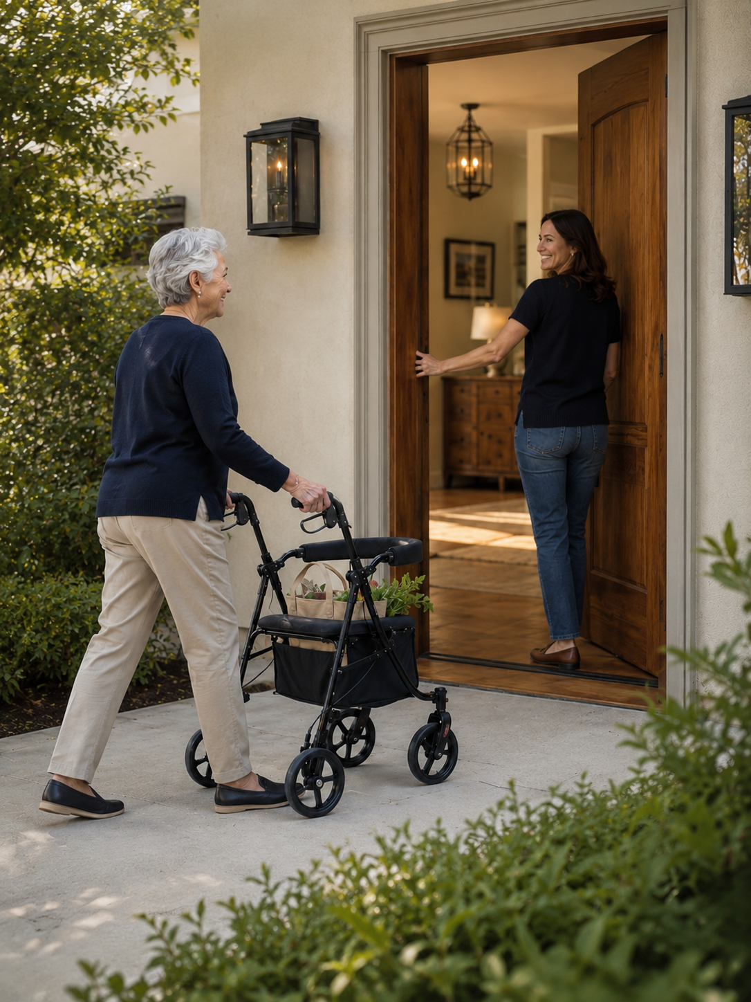 Older woman arriving at a home with a black rollator as another woman opens the door
