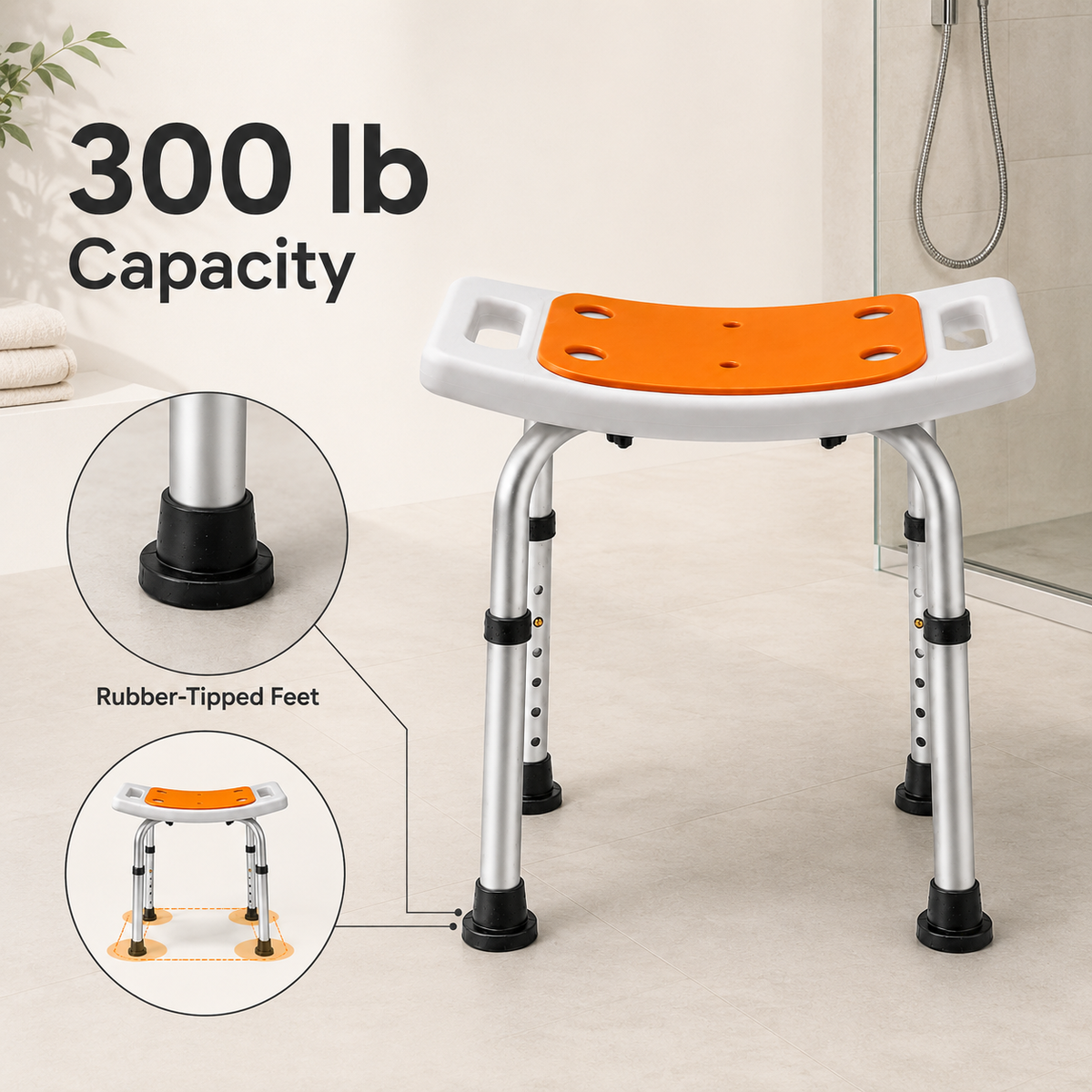 DeepTireh DT-B003 padded shower stool with 300 lb capacity, adjustable legs, and rubber-tipped feet