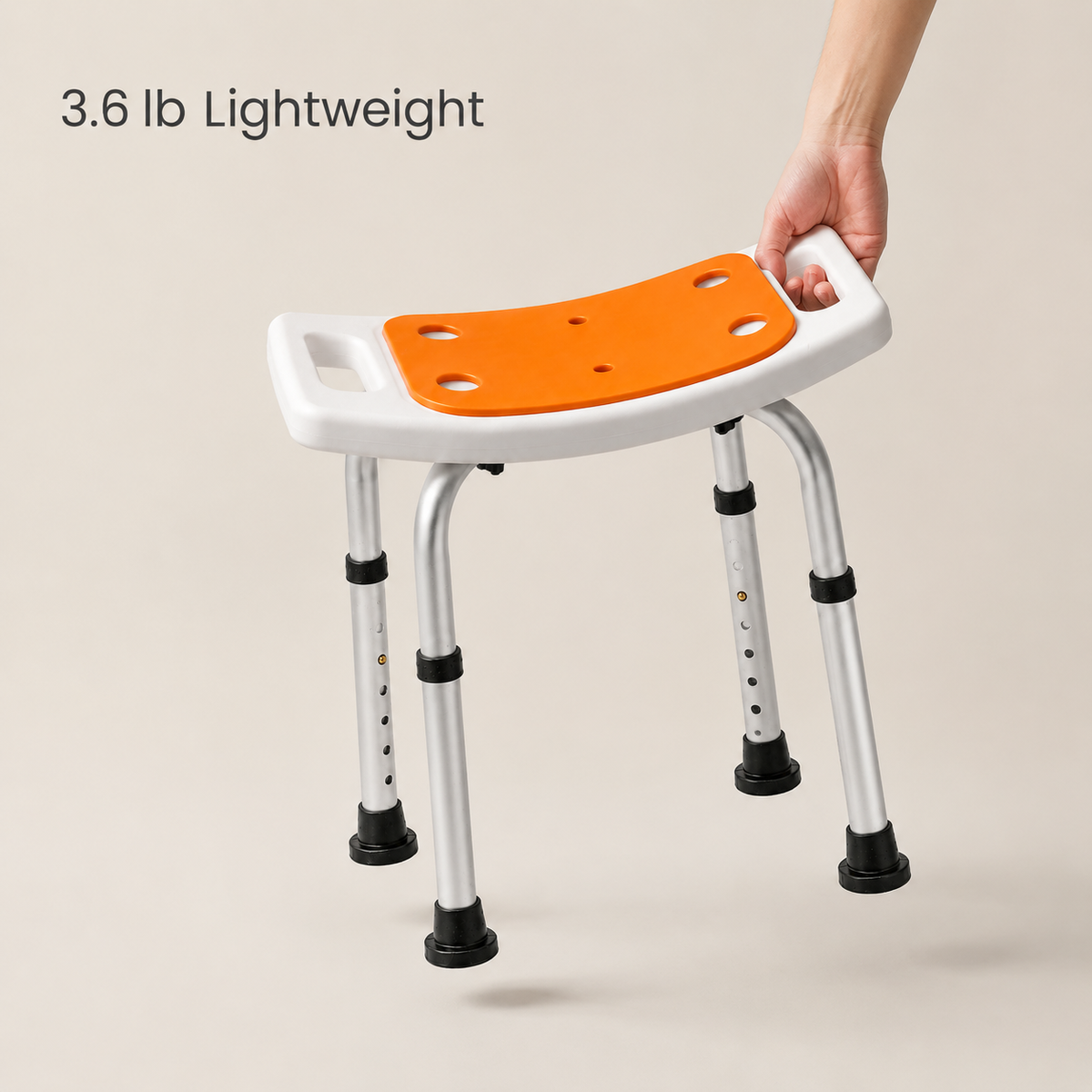 Hand lifting the DeepTireh DT-B003 padded shower stool by a side handle, with 3.6 lb product weight shown