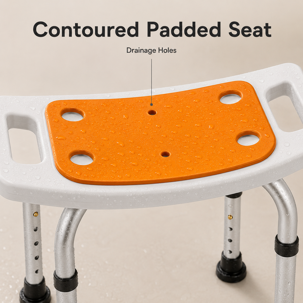 Close-up of the orange contoured padded seat and drainage holes on the DeepTireh DT-B003 shower stool
