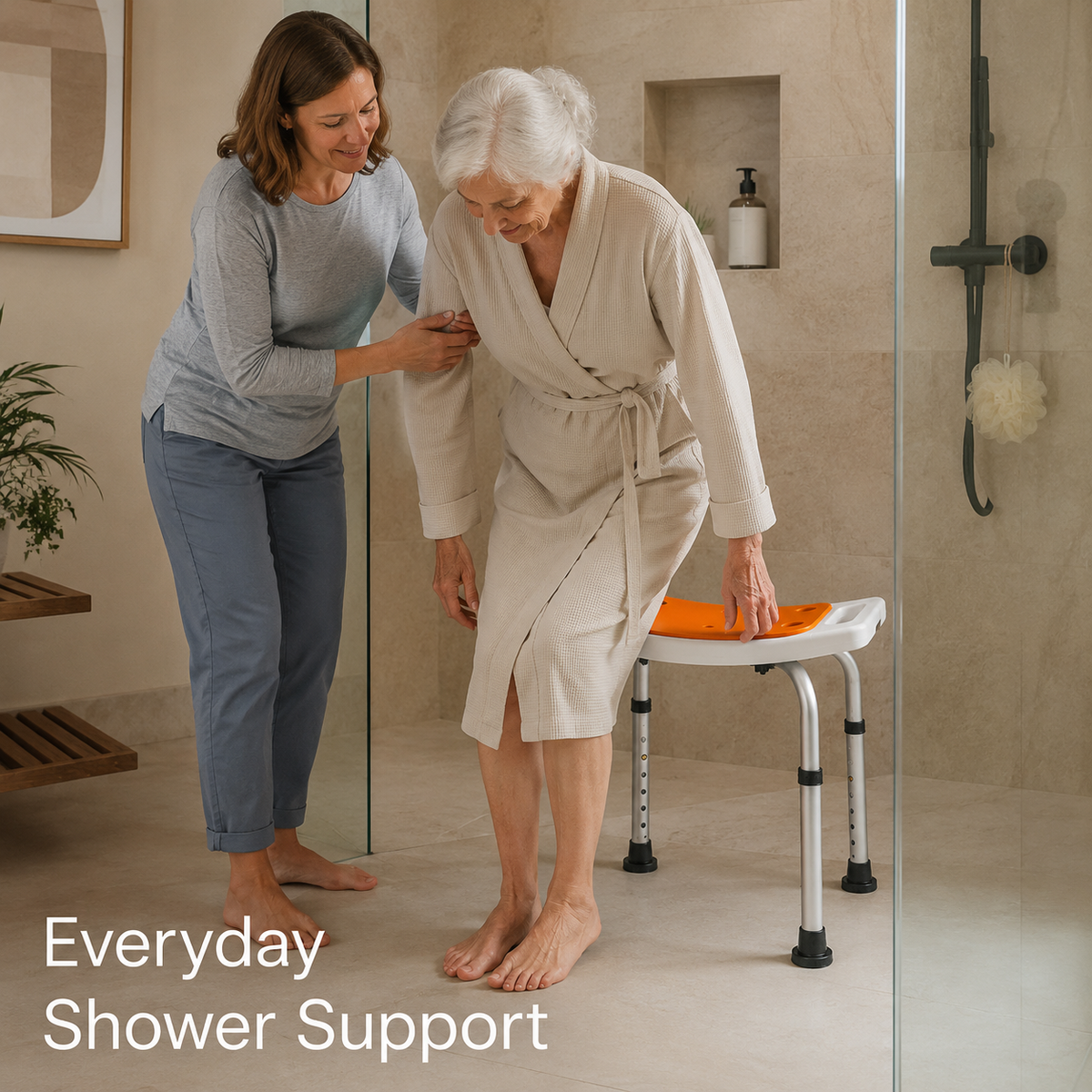 Caregiver assisting an older woman standing beside the DeepTireh DT-B003 shower stool