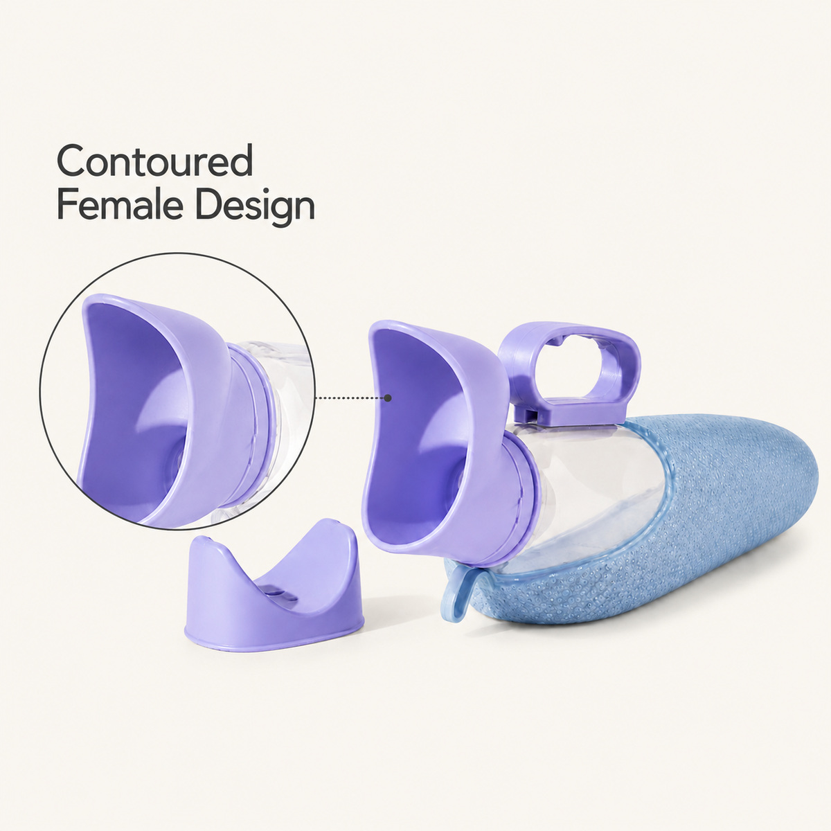 DeepTireh DT-B005 portable female urinal bottle with an enlarged view of the contoured purple opening