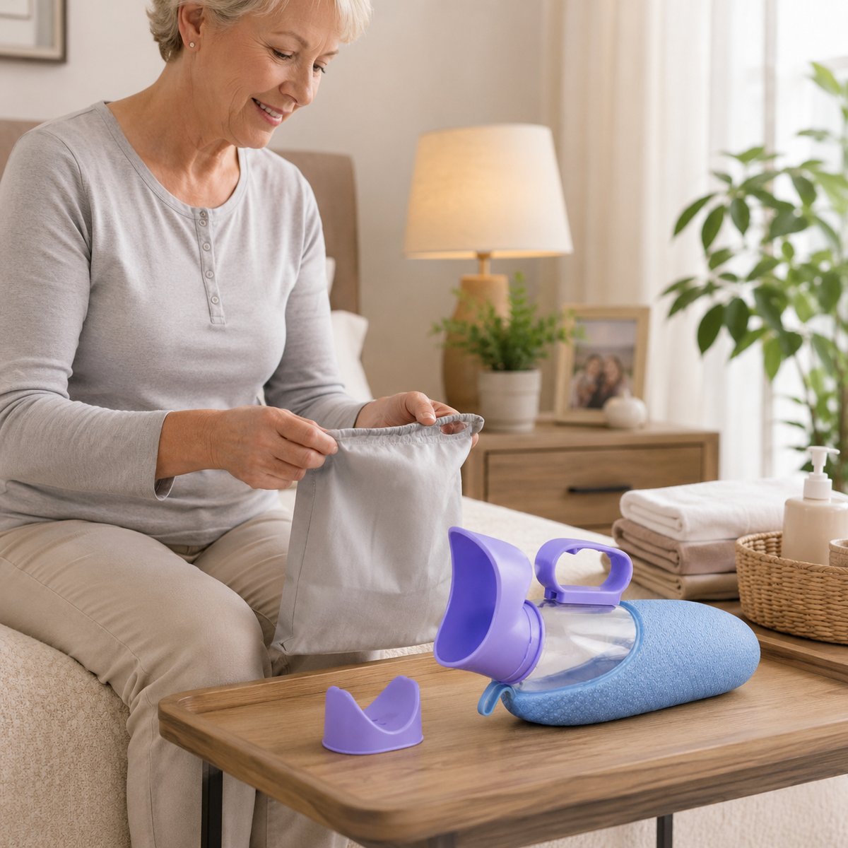 Older woman preparing a gray drawstring storage pouch beside the DeepTireh DT-B005 portable female urinal bottle