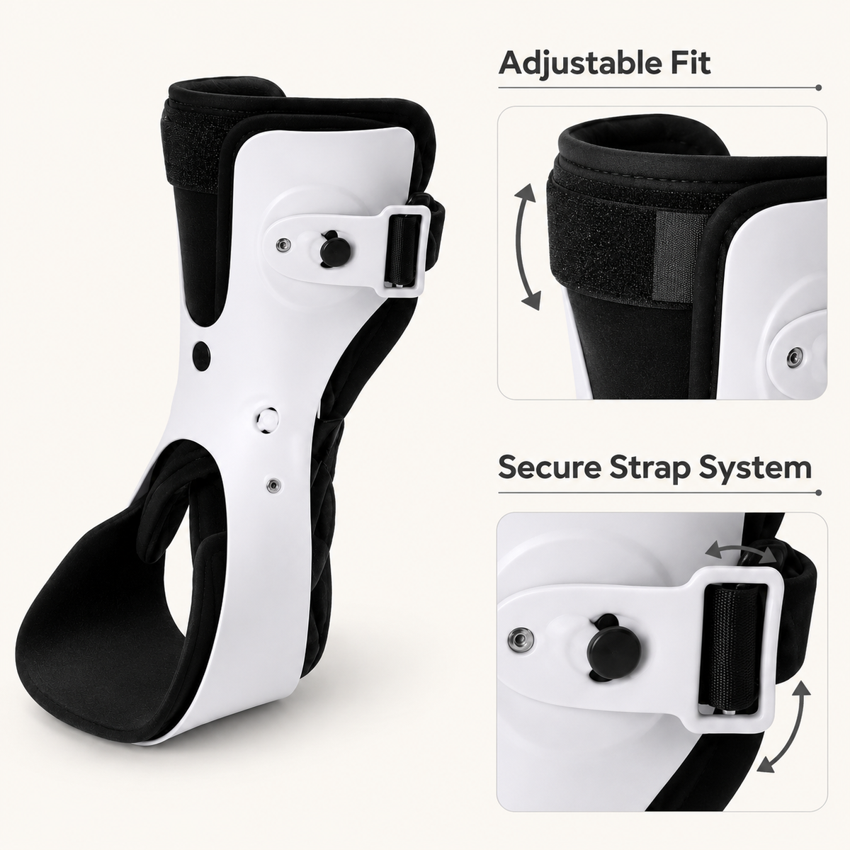 DeepTireh DT-A002 rigid-shell ankle brace with close-up views of the adjustable upper strap and dial closure