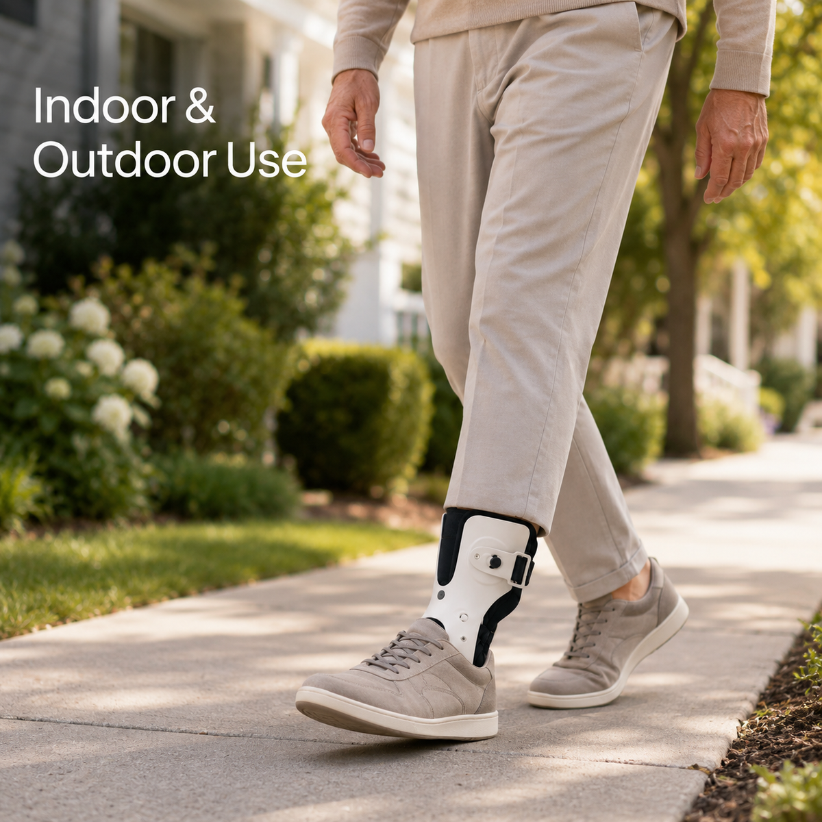 Adult wearing the DeepTireh DT-A002 rigid-shell ankle brace with a low-cut shoe while walking on a dry residential sidewalk