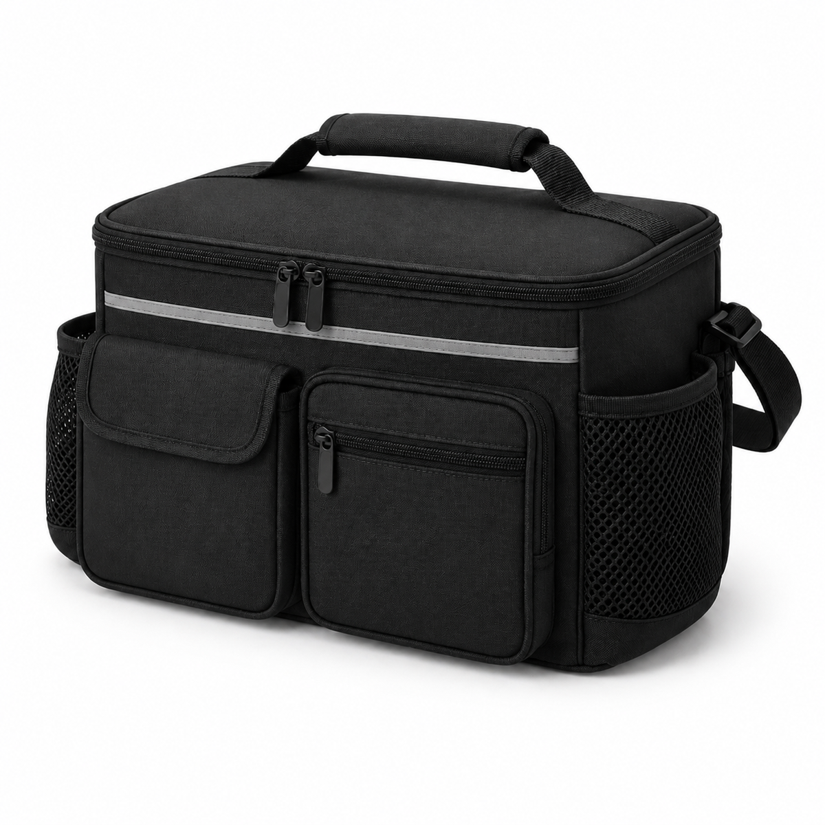 DeepTireh DT-A008 black mobility organizer bag with a zippered main compartment, front pockets, side mesh pockets, top handle, and adjustable shoulder strap