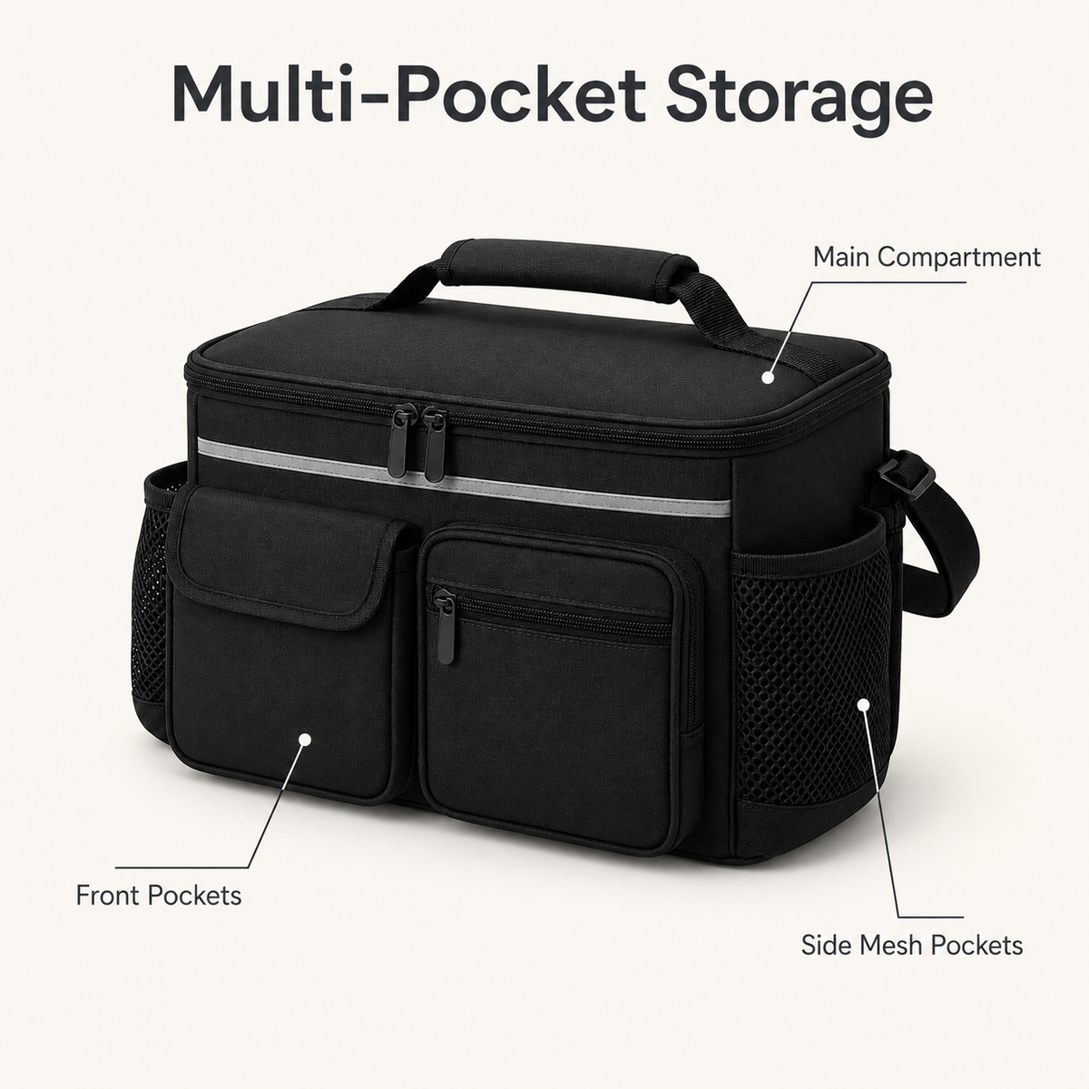 DeepTireh DT-A008 mobility organizer bag with callouts identifying the main compartment, front pockets, and side mesh pockets