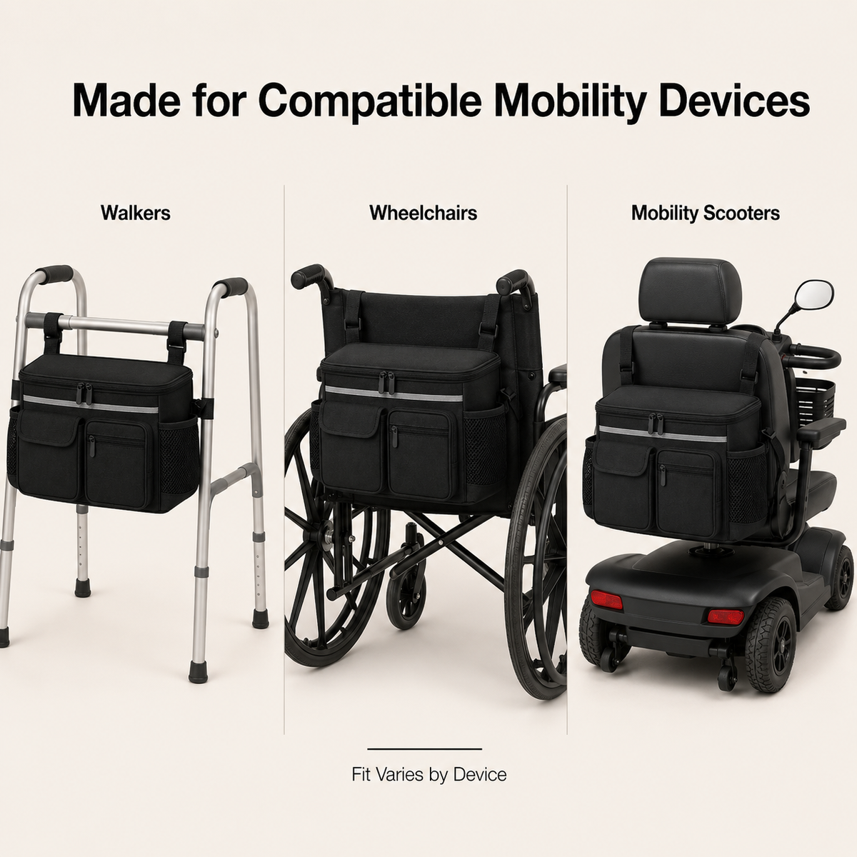 Compatibility guide showing the DeepTireh DT-A008 organizer bag attached to a walker, manual wheelchair, and mobility scooter with fit varying by device