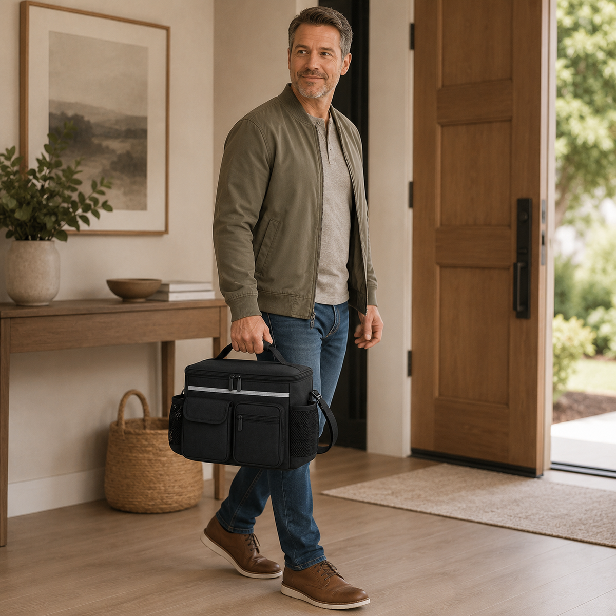 Man carrying the DeepTireh DT-A008 black mobility organizer bag by its top handle while walking through a home entryway