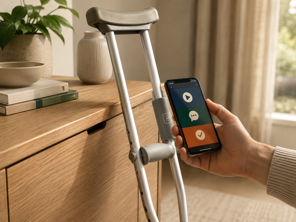 Hand holding a smartphone beside an NFC-tagged underarm crutch
