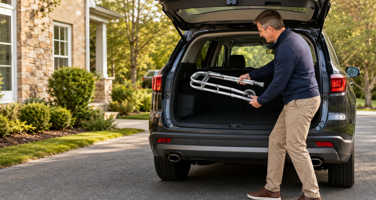 Older man loading a folded walker into the open cargo area of an SUV in a residential driveway.