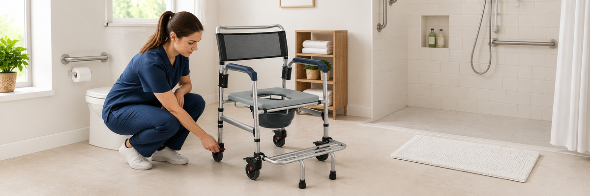 Caregiver checking the front caster lock on a mobile shower commode chair with footrest in a bright accessible bathroom.