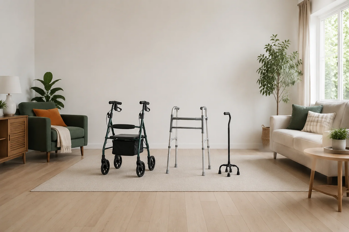 Rollator walker, standard walker, and quad cane displayed together in a bright home setting for mobility aid comparison.
