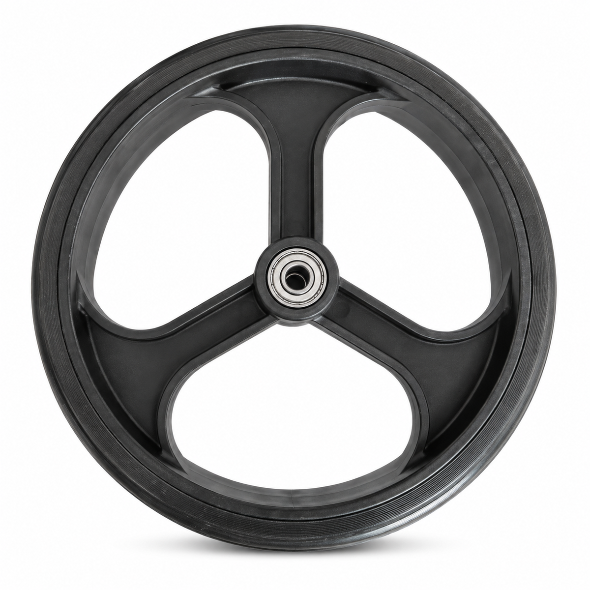 Black three-spoke replacement wheel with a silver center bearing on a white background.