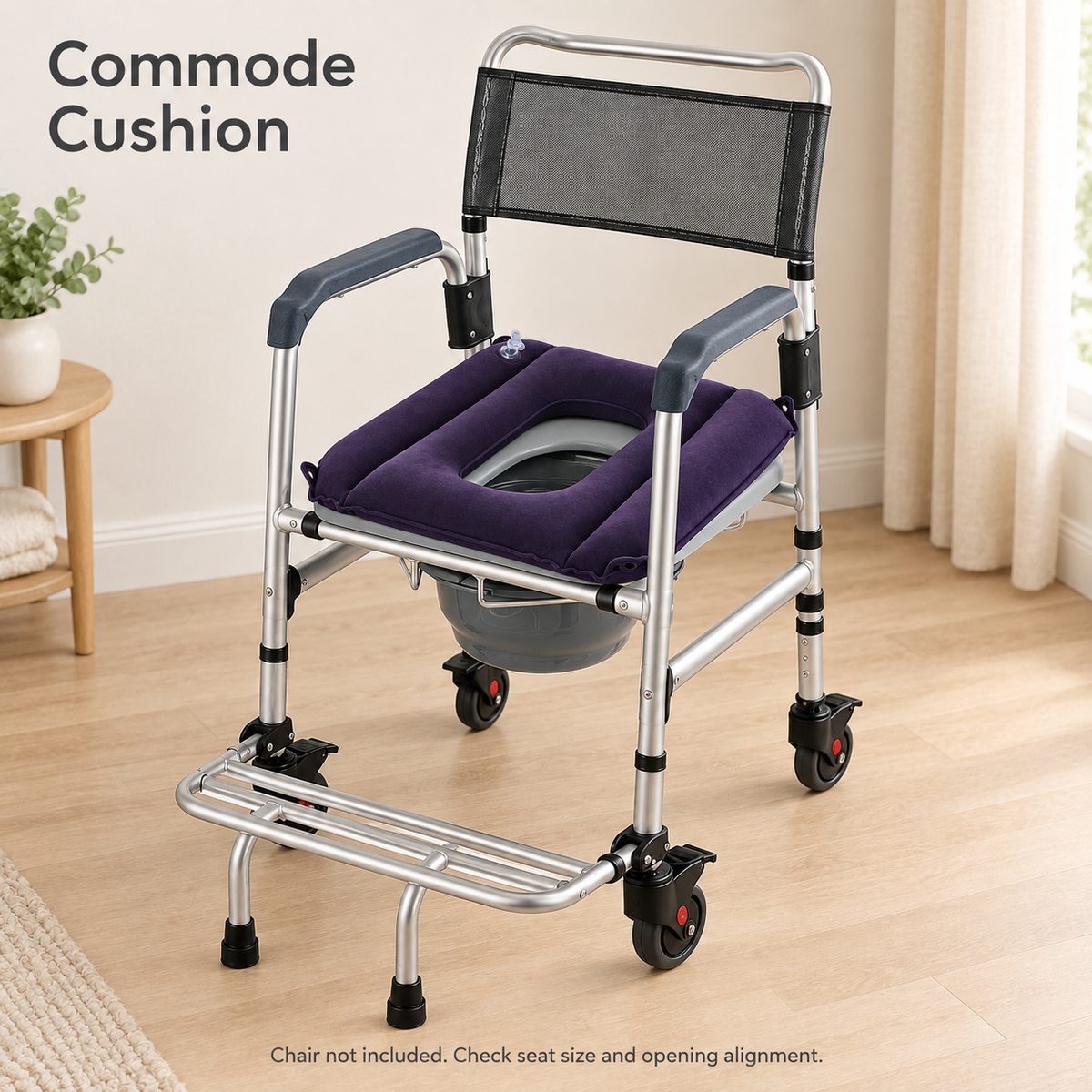 Dark purple inflatable cushion placed on a DeepTireh DT-B001 rolling commode chair; chair not included.