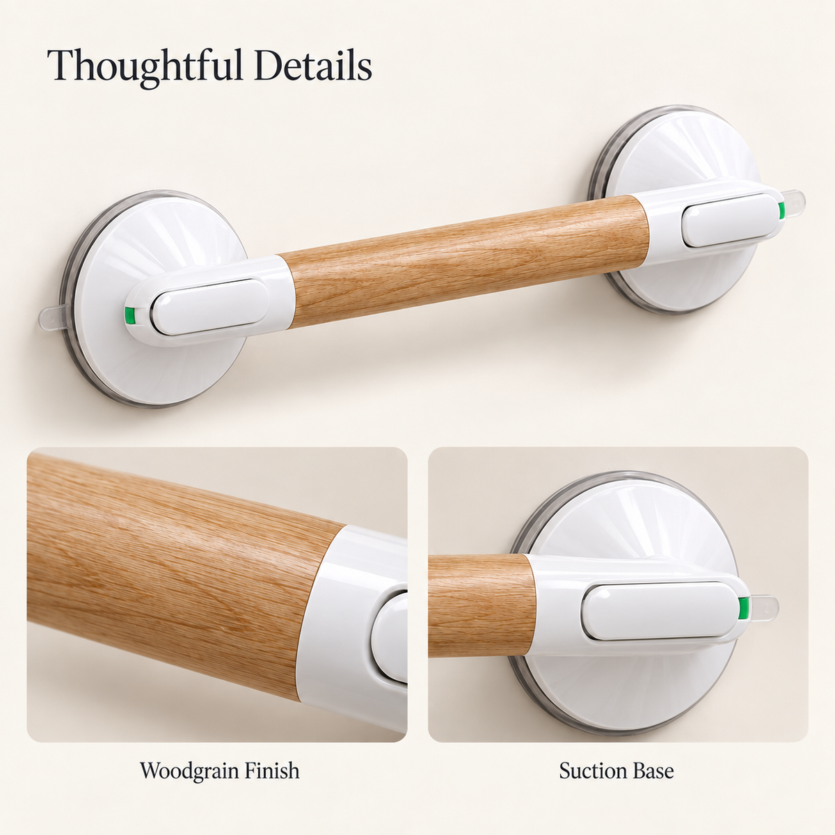 White suction handle with close-up views of its woodgrain finish and round suction base.