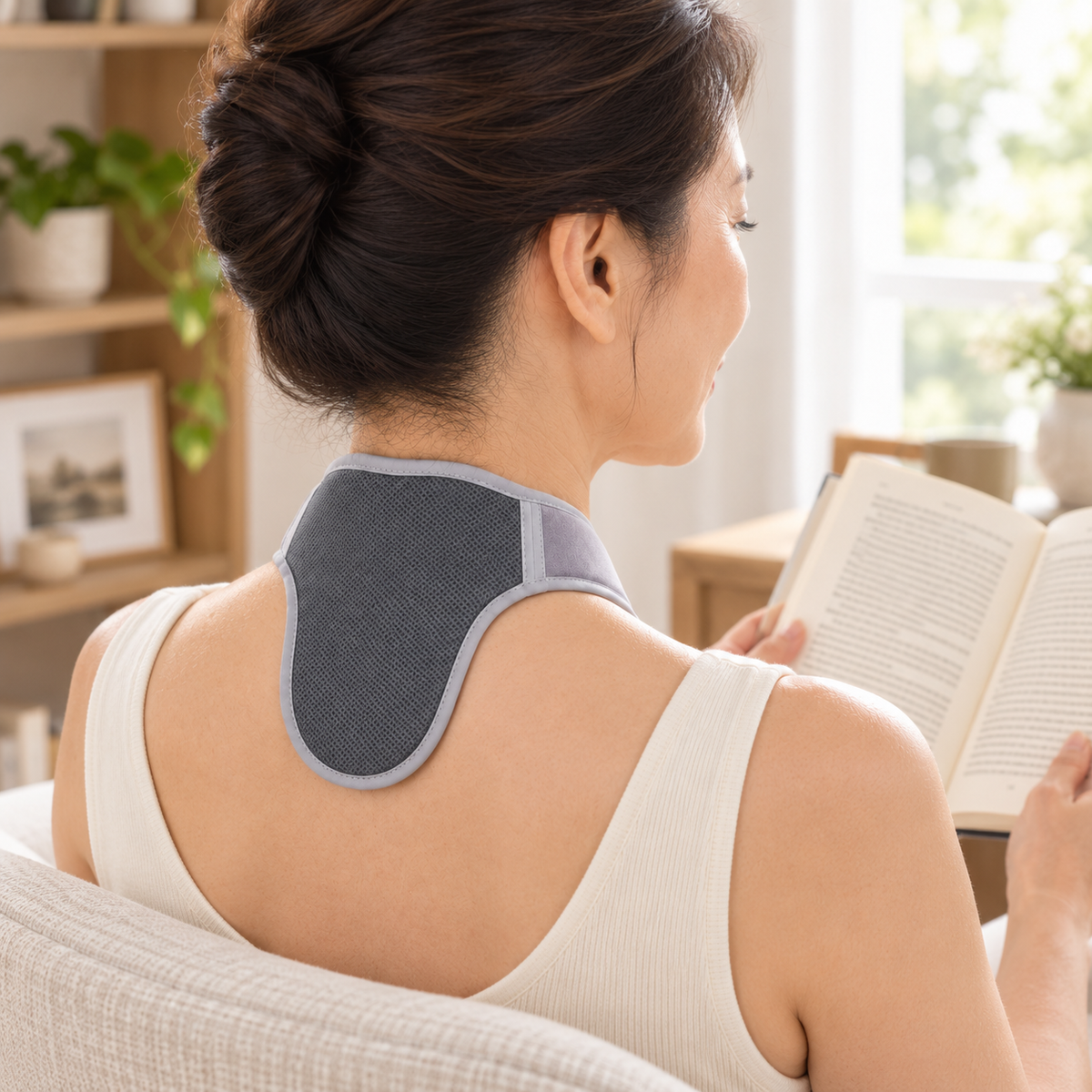 Woman wearing the gray DeepTireh DT-A015 heated neck wrap while reading on a sofa.