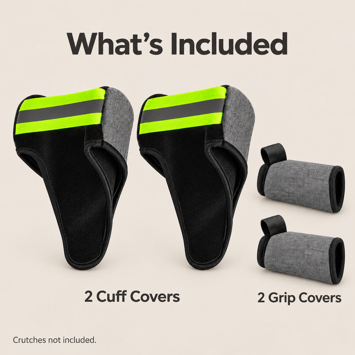 Package contents for DeepTireh DT-A016: two forearm cuff covers and two grip covers. Crutches not included.
