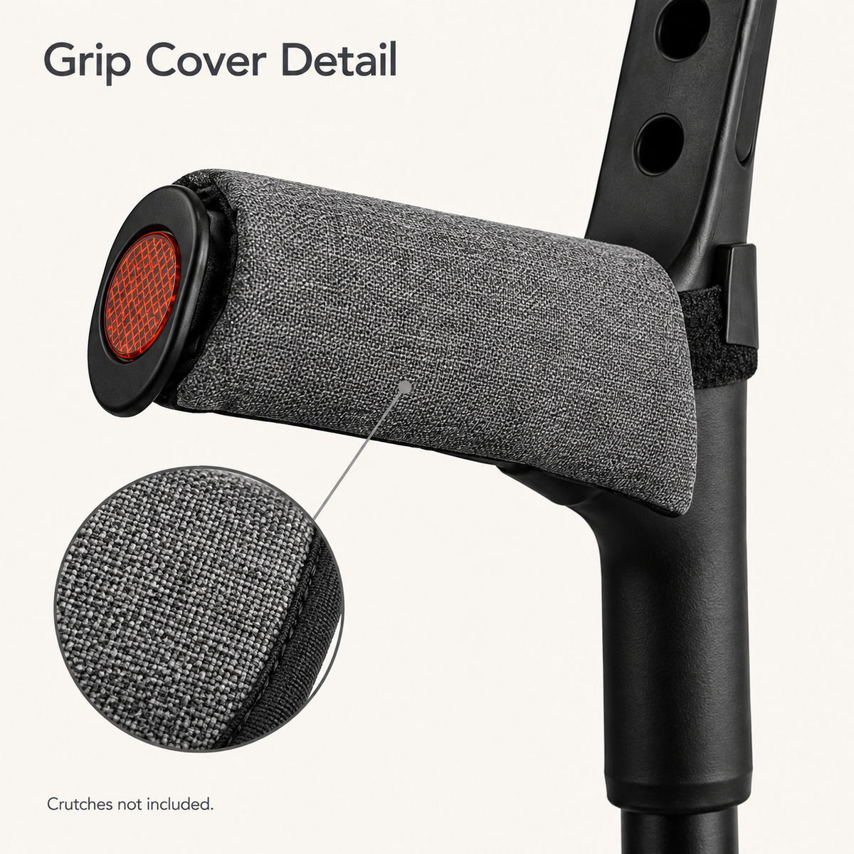 Close-up of a gray DeepTireh DT-A016 grip cover installed on a forearm crutch, with an enlarged fabric detail.