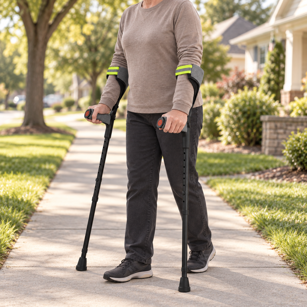 Person using forearm crutches fitted with DeepTireh DT-A016 cuff and grip covers on a residential sidewalk.