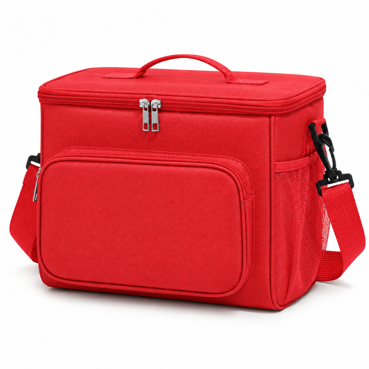 Red DeepTireh DT-A017 insulated lunch bag with a top handle, shoulder strap, front zip pocket, and side mesh pocket.