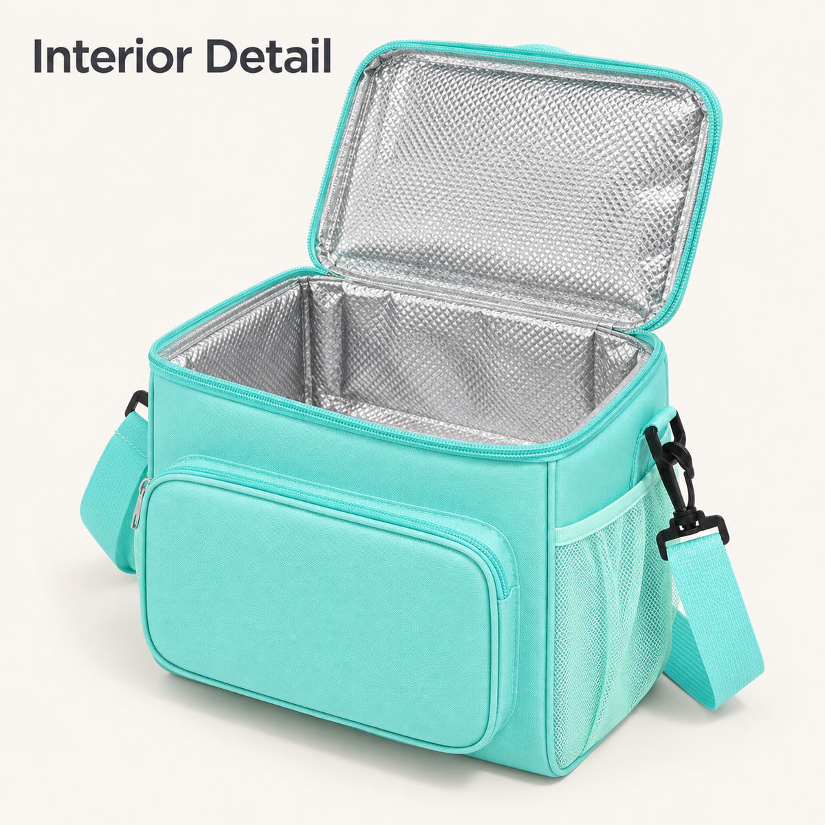 Open mint DeepTireh DT-A017 lunch bag showing the silver-colored lining inside the main compartment and lid.