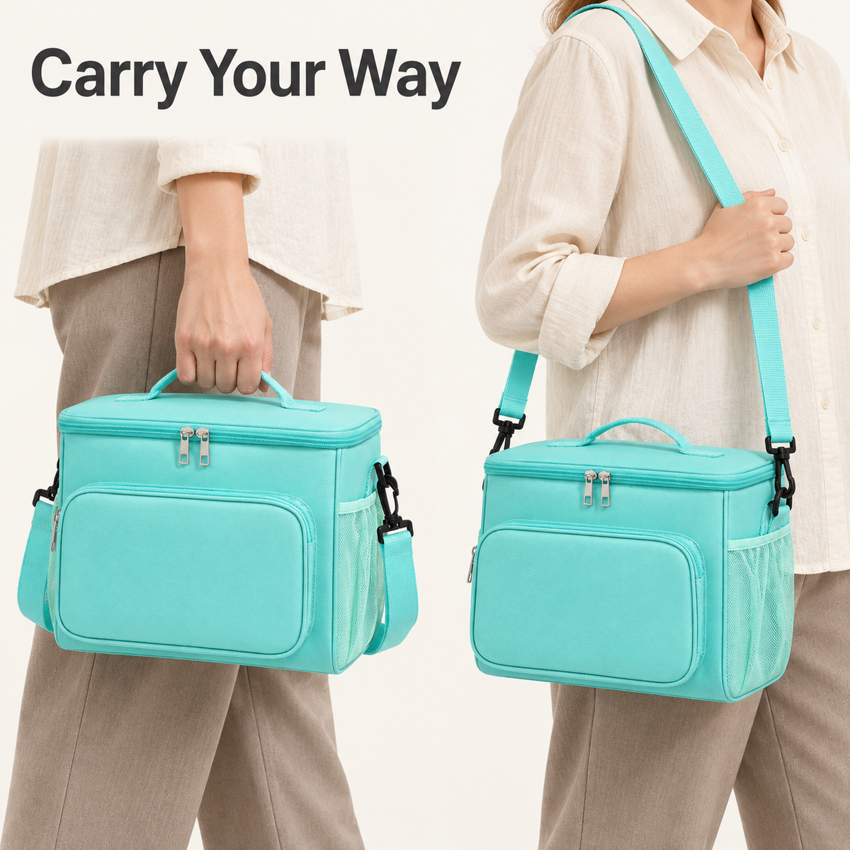 Two views of the mint DeepTireh DT-A017 lunch bag carried by its top handle and worn over the shoulder.