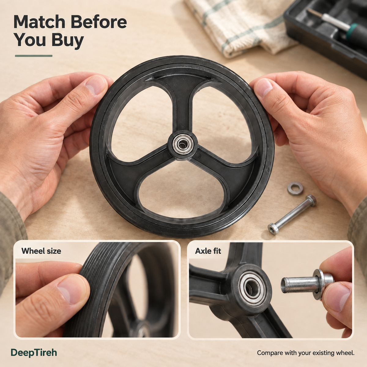 Hands inspecting a black three-spoke replacement wheel, with close-ups of the wheel edge and axle opening.