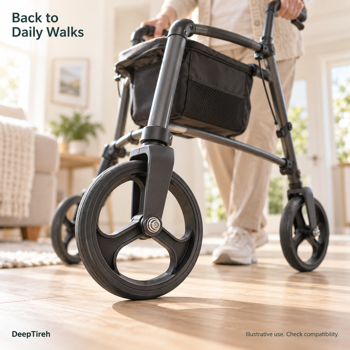 Illustrative indoor scene showing a person using a rollator with black three-spoke wheels.