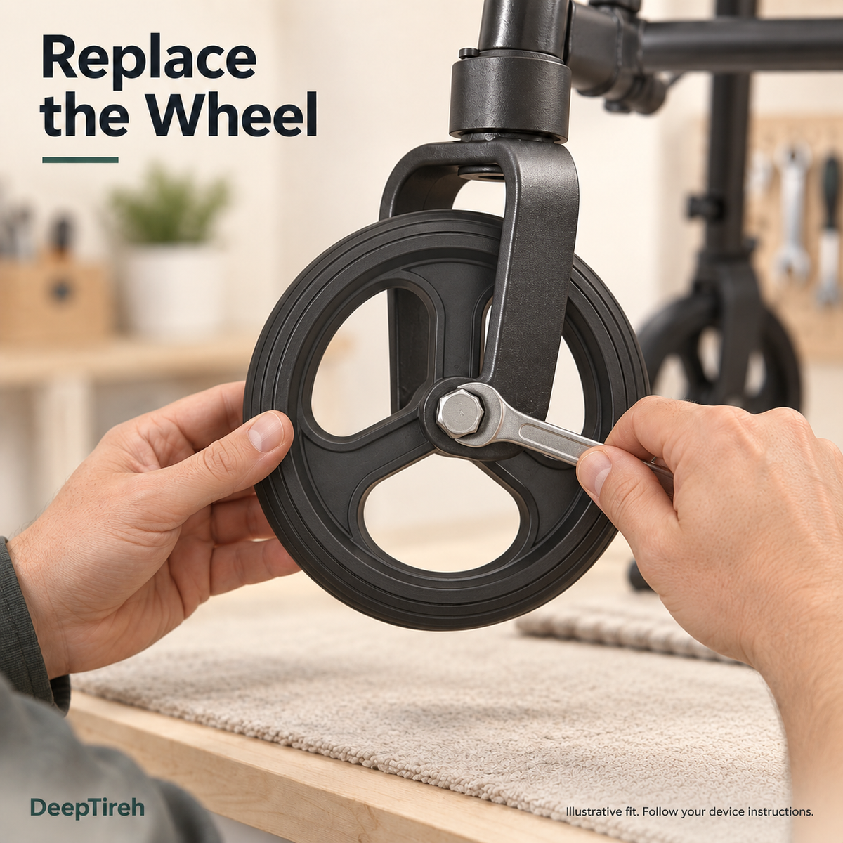 Illustrative close-up of hands using a wrench on the axle bolt of a three-spoke wheel mounted in a caster fork.