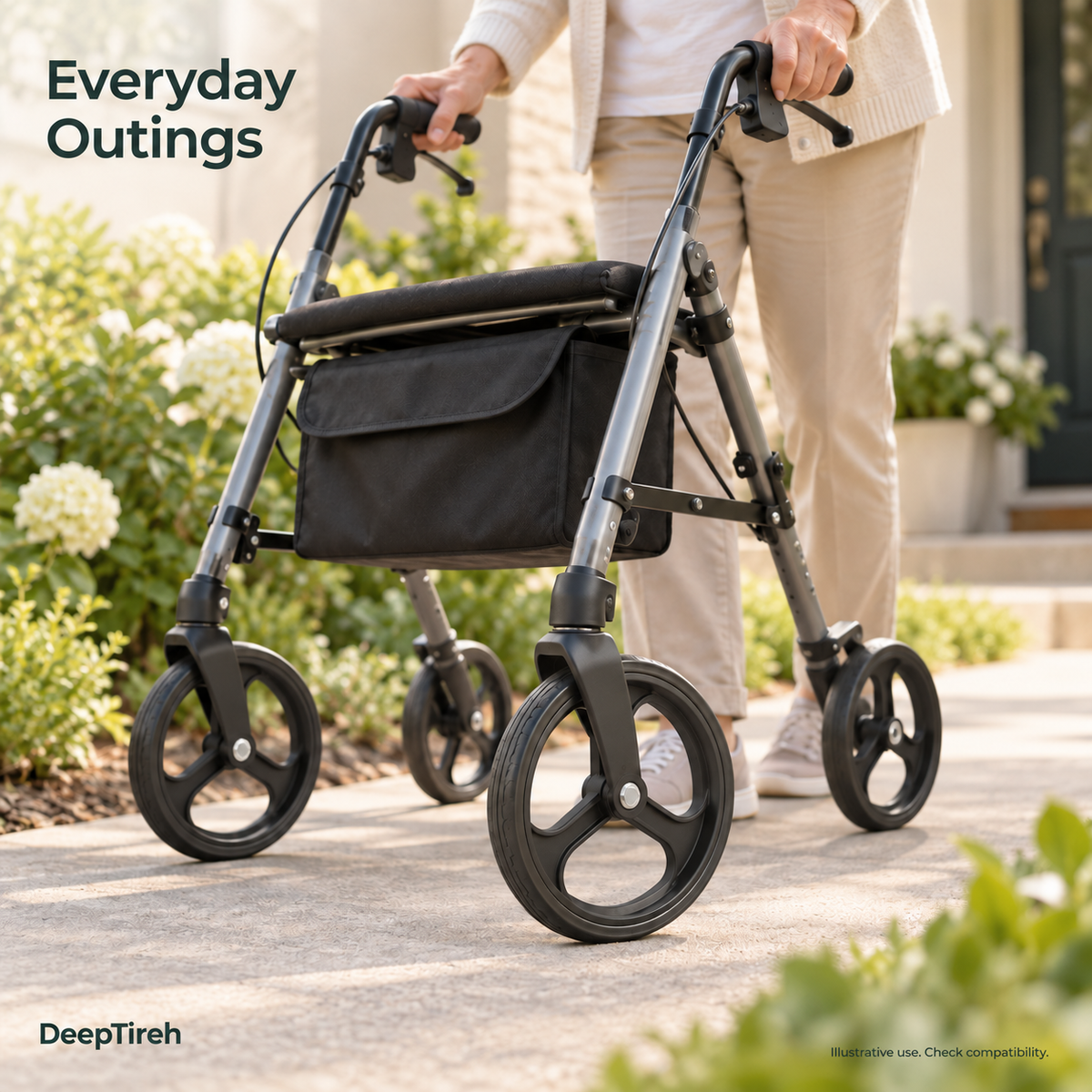 Illustrative outdoor scene showing a rollator with black three-spoke wheels and visible front axle fasteners.