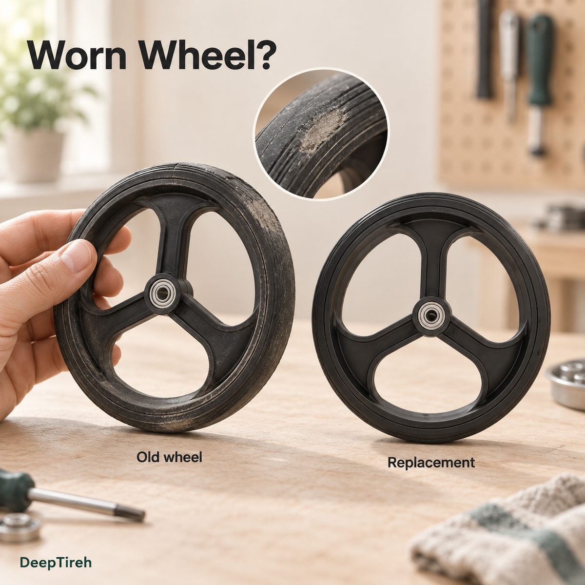Worn wheel beside a new black three-spoke replacement wheel, with a close-up of the worn tire surface.