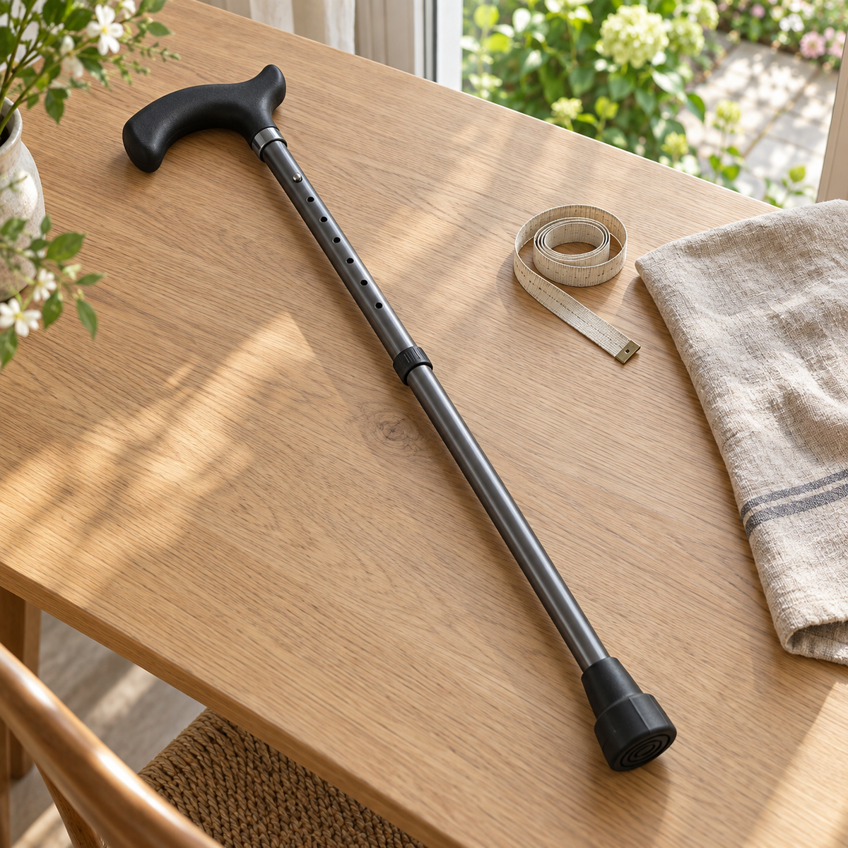 Adjustable walking cane on a wooden table, showing its contoured handle, height adjustment holes, and rubber tip.