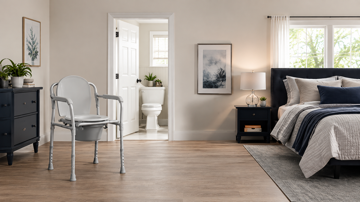 3-in-1 bedside commode chair placed beside a bed in a bright bedroom, with an open bathroom doorway and toilet visible in the background.