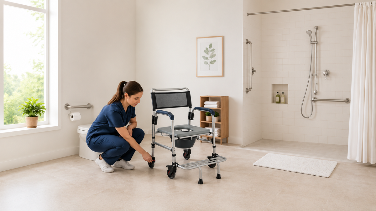 Caregiver checking the front caster lock on a mobile shower commode chair with footrest in a bright accessible bathroom.