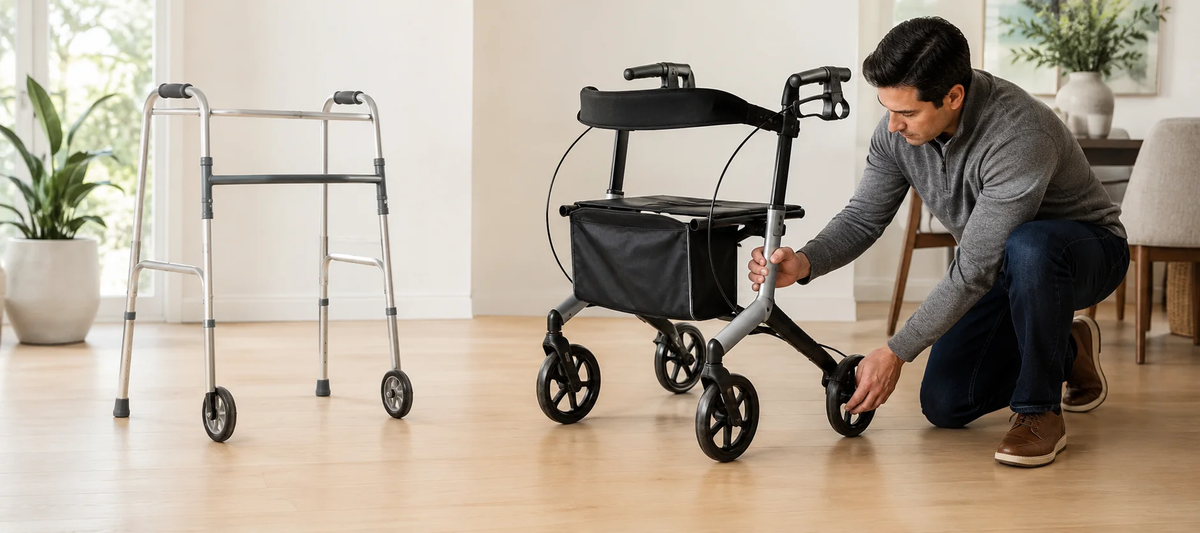 Man inspecting the front wheel of a rollator walker with a two-wheel walker positioned nearby in a bright living room.