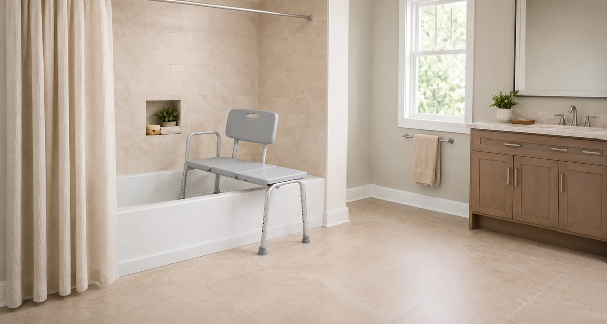 Bathtub transfer bench positioned across a white bathtub with backrest, side handle, and adjustable legs in a bright bathroom.