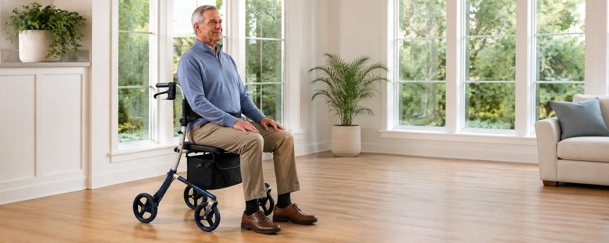 Older man seated on a parked rollator walker with seat and storage bag in a bright living room.