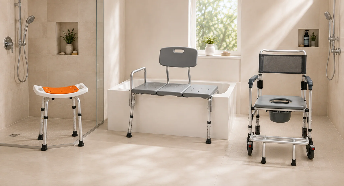 Shower stool, bathtub transfer bench, and mobile shower commode chair displayed side by side in a bright accessible bathroom.