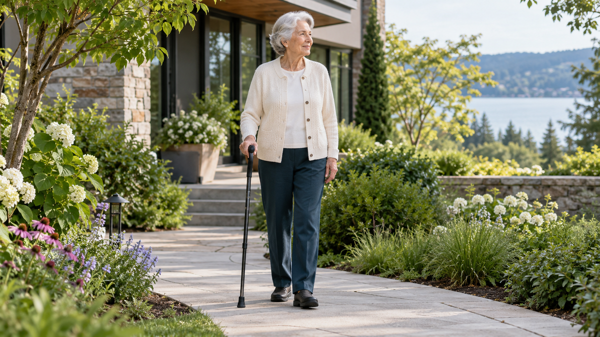 Older woman holding a walking cane on a garden path beside a home overlooking a lake.